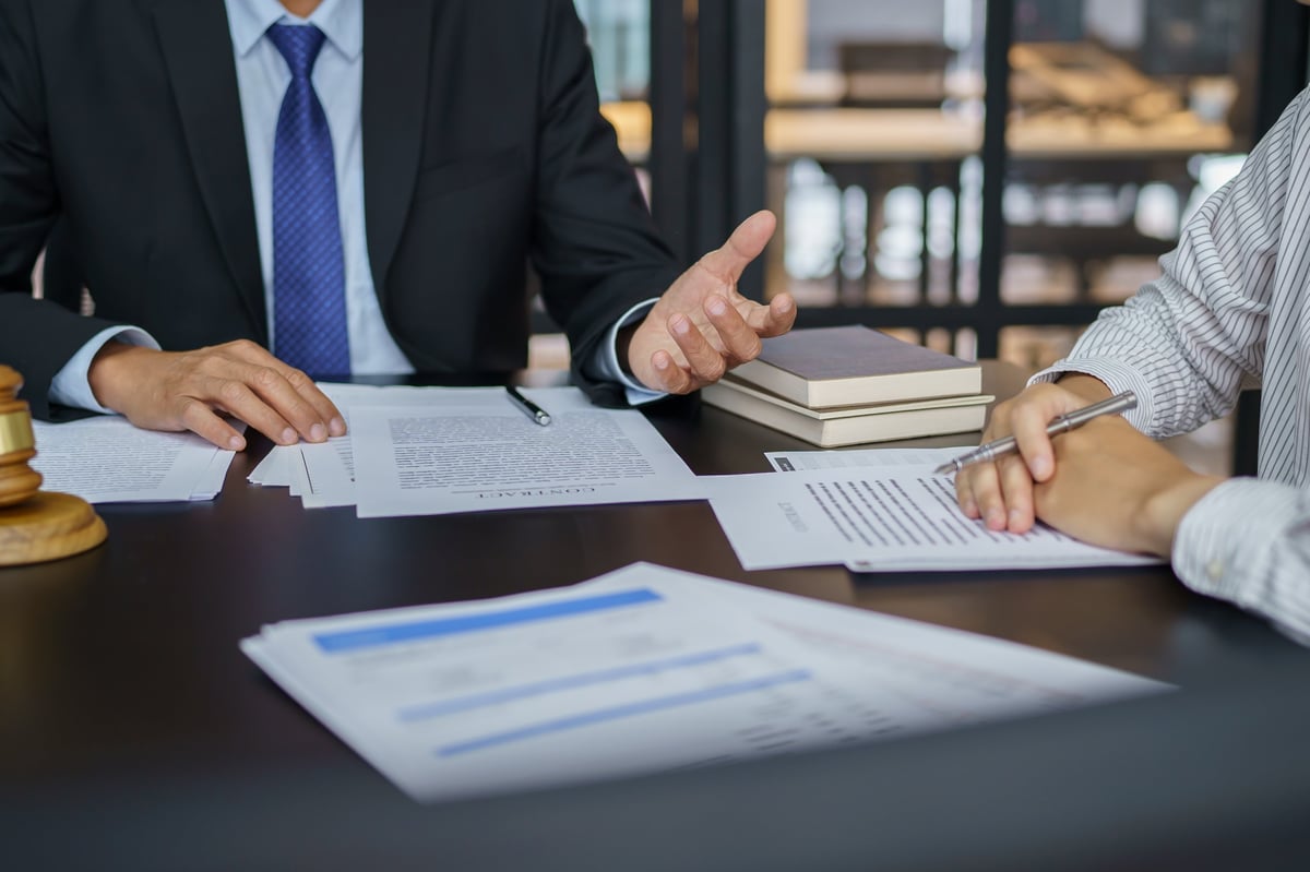 Professional legal counsel presenting documents and reviewing case with client